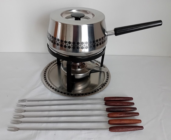 Image 1 of Swiss Sigg Fondue Set Stainless Steel With Black Polka Dot Pattern