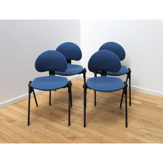 Image 1 of Set of 4 vintage contract chairs in black-stained metal and blue fabric
