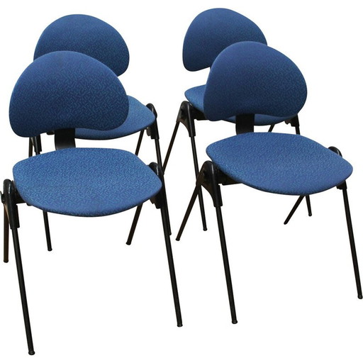 Set of 4 vintage contract chairs in black-stained metal and blue fabric