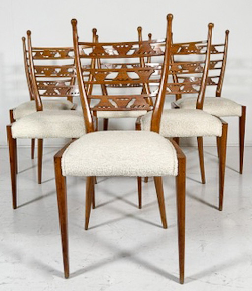 Set Of 6 Chairs, Cherry Wood And Boucle Fabric, Italy, 1940S - New Upholstery