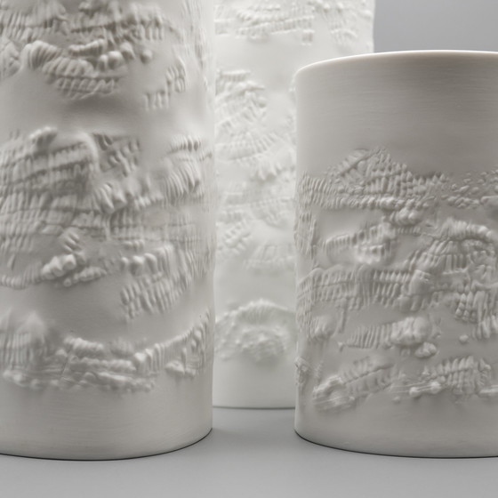 Image 1 of Hutschenreuther Bisque Porcelain Vase Trio Fine White Matte Abstract Relief Mcm