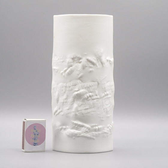 Image 1 of Hutschenreuther Bisque Porcelain Vase Trio Fine White Matte Abstract Relief Mcm