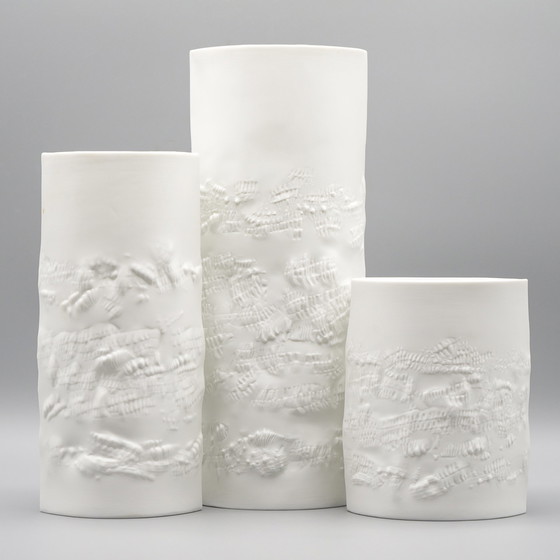 Image 1 of Hutschenreuther Bisque Porcelain Vase Trio Fine White Matte Abstract Relief Mcm