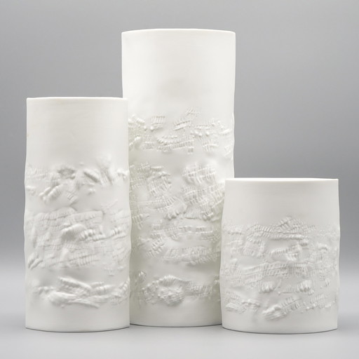 Hutschenreuther Bisque Porcelaine Vase Trio Fine White Matte Abstract Relief Mcm