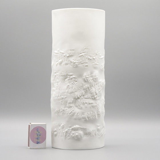 Image 1 of Hutschenreuther Bisque Porcelain Vase Trio Fine White Matte Abstract Relief Mcm