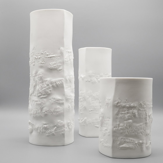 Image 1 of Hutschenreuther Bisque Porcelain Vase Trio Fine White Matte Abstract Relief Mcm