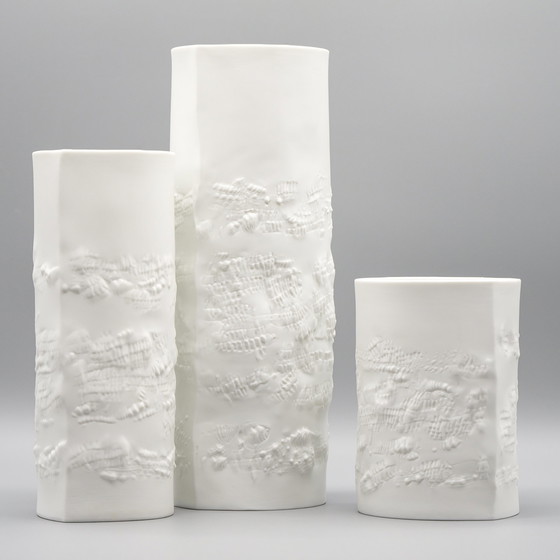 Image 1 of Hutschenreuther Bisque Porcelain Vase Trio Fine White Matte Abstract Relief Mcm