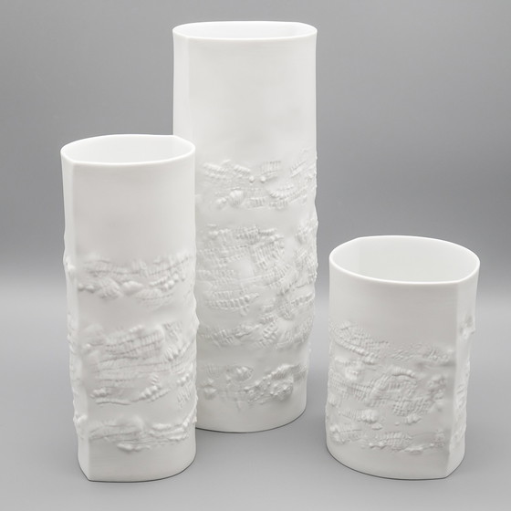 Image 1 of Hutschenreuther Bisque Porcelain Vase Trio Fine White Matte Abstract Relief Mcm