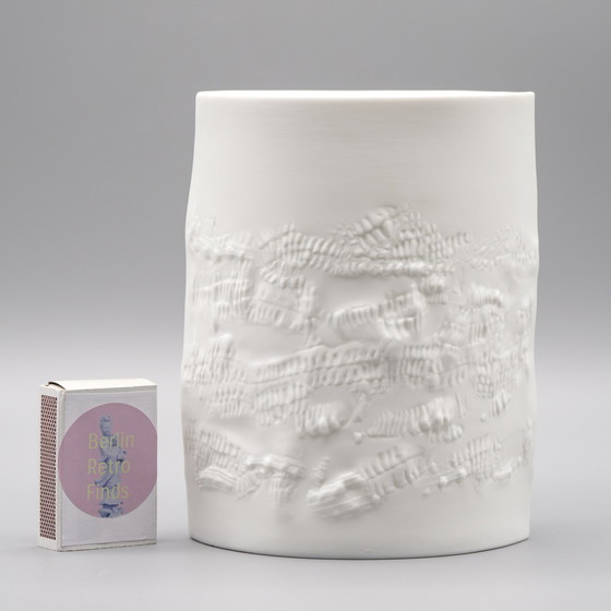 Image 1 of Hutschenreuther Bisque Porcelain Vase Trio Fine White Matte Abstract Relief Mcm