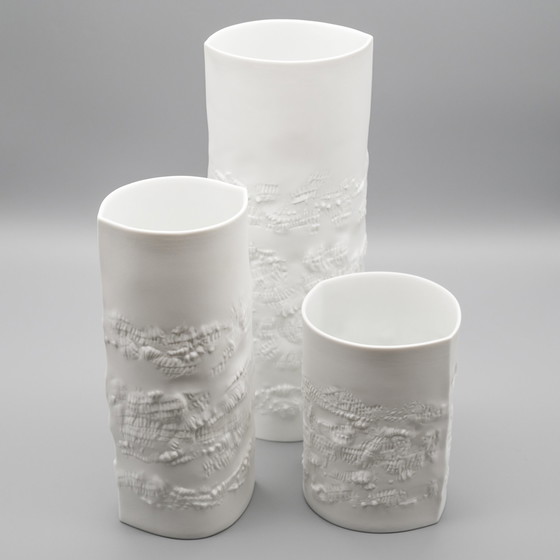 Image 1 of Hutschenreuther Bisque Porcelain Vase Trio Fine White Matte Abstract Relief Mcm