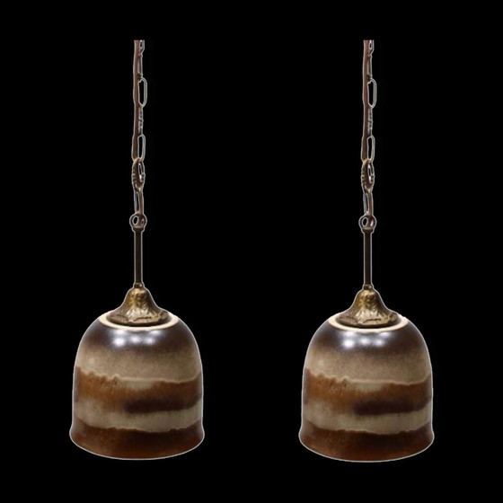 Image 1 of 2X Glazed Ceramic And Brass Pendant Lamps, Austria, 1960S