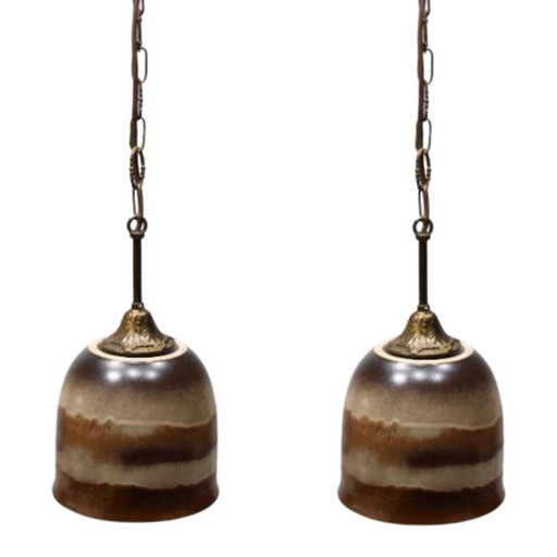 2X Glazed Ceramic And Brass Pendant Lamps, Austria, 1960S