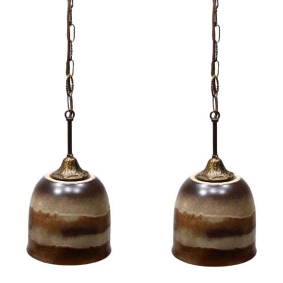 Image 1 of 2X Glazed Ceramic And Brass Pendant Lamps, Austria, 1960S