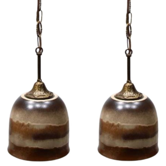 Image 1 of 2X Glazed Ceramic And Brass Pendant Lamps, Austria, 1960S