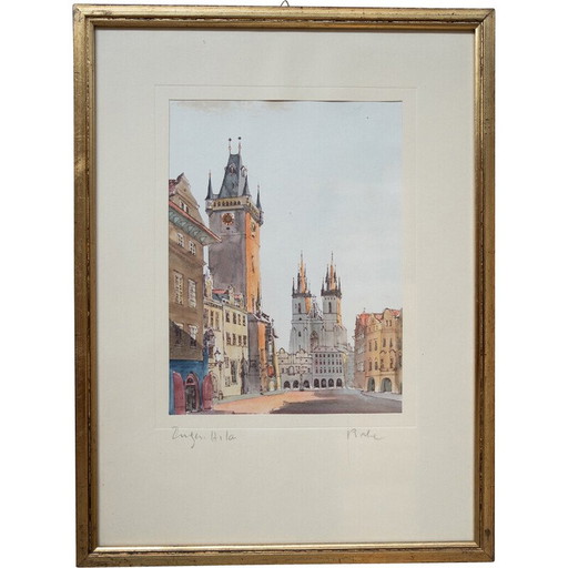 Vintage painting depicting Prague's Old Town Square, 1980