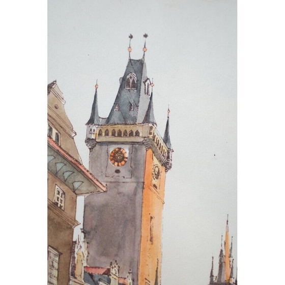 Image 1 of Vintage painting depicting Prague's Old Town Square, 1980