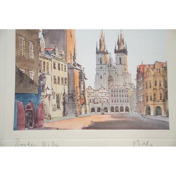 Image 1 of Vintage painting depicting Prague's Old Town Square, 1980
