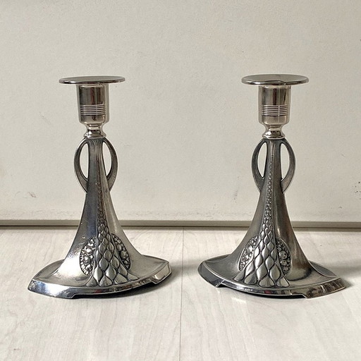 Pair Of Art Nouveau Silver Metal Candleholders Wmf N°325