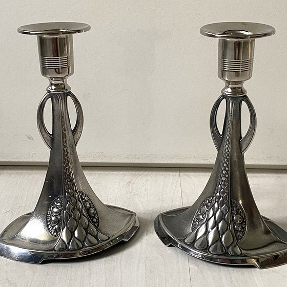 Image 1 of Pair Of Art Nouveau Silver Metal Candleholders Wmf N°325