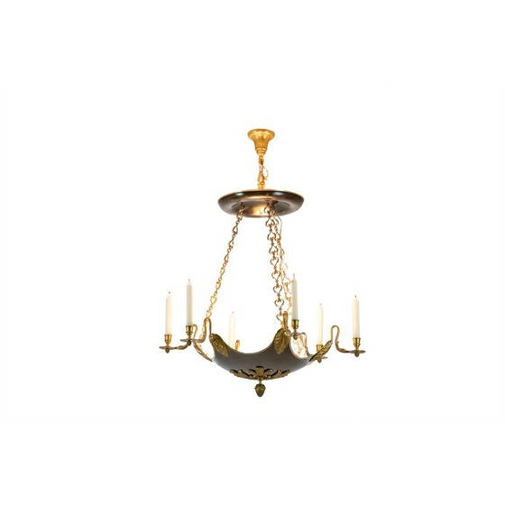 Image 1 of Vintage chandelier in gilded bronze and black lacquered sheet metal for Maison Baguès, France 1950