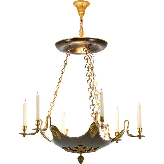 Image 1 of Vintage chandelier in gilded bronze and black lacquered sheet metal for Maison Baguès, France 1950
