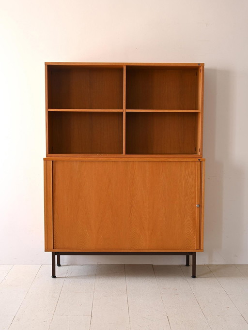 Vintage 1960S Scandinavian Oak Office Cabinet With Metal Legs And Roll-Top Door