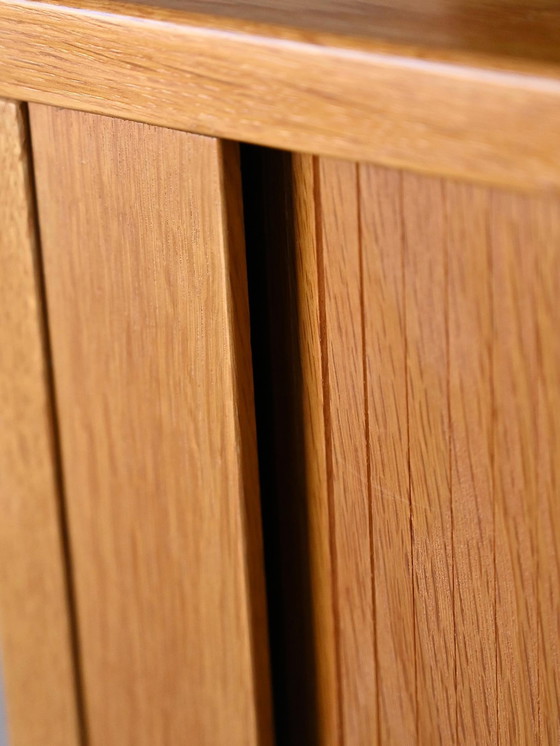 Image 1 of Vintage 1960S Scandinavian Oak Office Cabinet With Metal Legs And Roll-Top Door