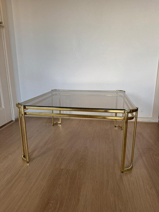 Hollywood Regency Coffee Table Brass Smoked Glass