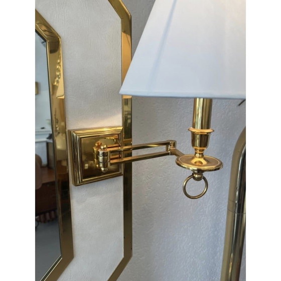 Image 1 of Vintage brass and leather octagonal mirror with lamps, Italy 1970s