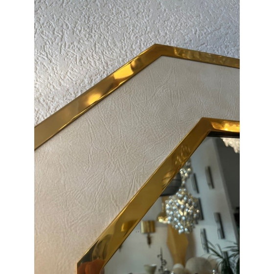 Image 1 of Vintage brass and leather octagonal mirror with lamps, Italy 1970s