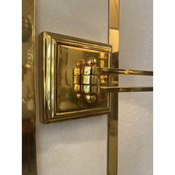 Image 1 of Vintage brass and leather octagonal mirror with lamps, Italy 1970s
