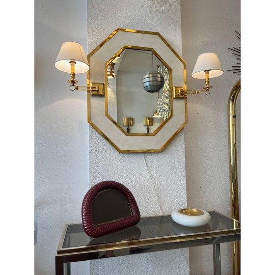 Image 1 of Vintage brass and leather octagonal mirror with lamps, Italy 1970s