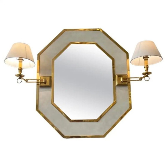 Image 1 of Vintage brass and leather octagonal mirror with lamps, Italy 1970s