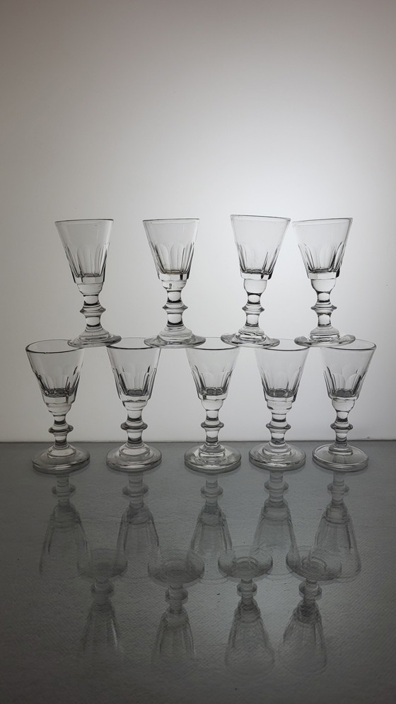 Image 1 of Set Of 9 Baccarat Shaped Caton Crystal Digestive Glasses / Late 19th / Early 20th Century