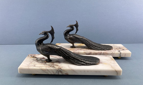 Image 1 of Set of Art Deco Bookends With Peacocks