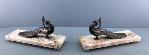 Set of Art Deco Bookends With Peacocks