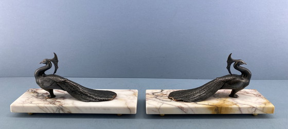 Image 1 of Set of Art Deco Bookends With Peacocks