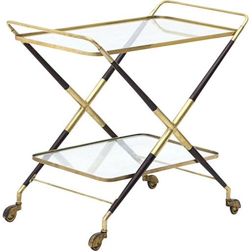 Vintage wood and brass cart with glass top, Italy 1950