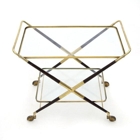 Image 1 of Carrello vintage in legno e ottone con piano in vetro, Italia 1950