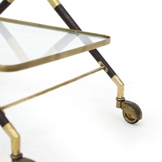Image 1 of Carrello vintage in legno e ottone con piano in vetro, Italia 1950