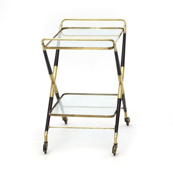 Image 1 of Carrello vintage in legno e ottone con piano in vetro, Italia 1950