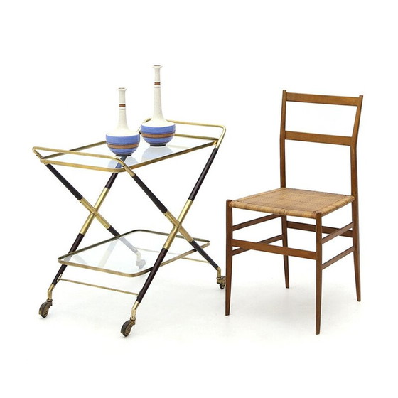 Image 1 of Carrello vintage in legno e ottone con piano in vetro, Italia 1950