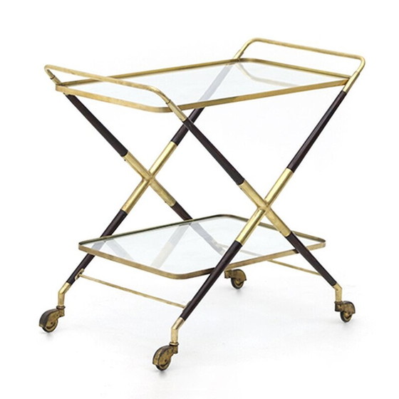 Image 1 of Carrello vintage in legno e ottone con piano in vetro, Italia 1950
