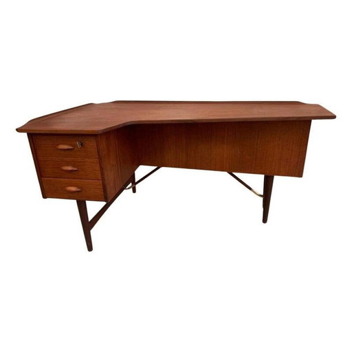 Vintage teak boomerang desk with brass feet by Peter Lovig Nielsen for Hedensted Mobelfabrik, Denmark 1968