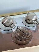 3x cup and saucer arcoroc smoked glass