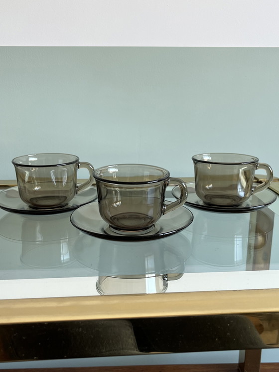 Image 1 of 3x cup and saucer arcoroc smoked glass