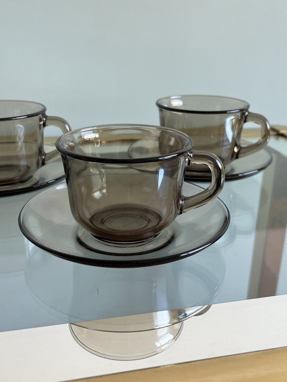 Image 1 of 3x cup and saucer arcoroc smoked glass