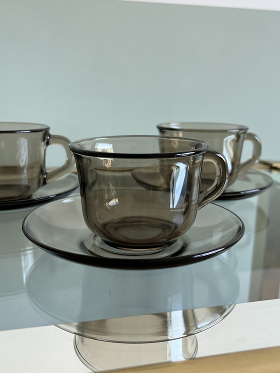 Image 1 of 3x cup and saucer arcoroc smoked glass