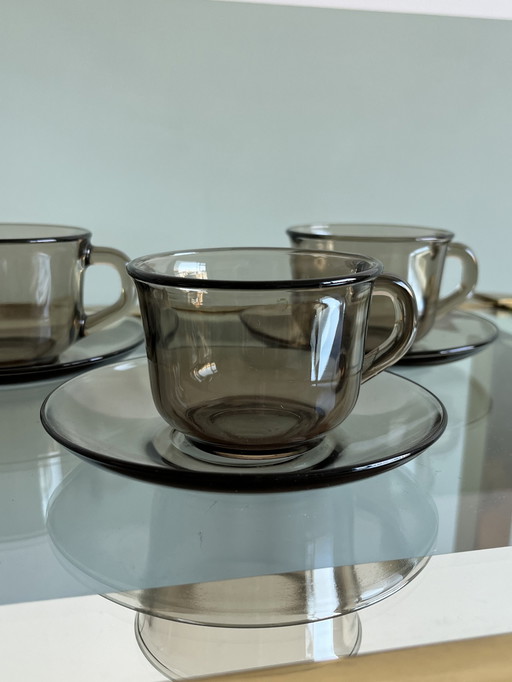 3x tasse et soucoupe arcoroc verre fumé