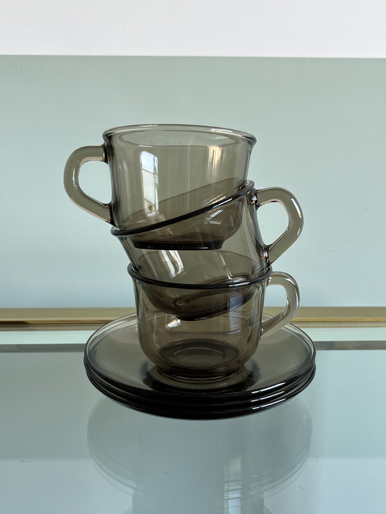 Image 1 of 3x cup and saucer arcoroc smoked glass